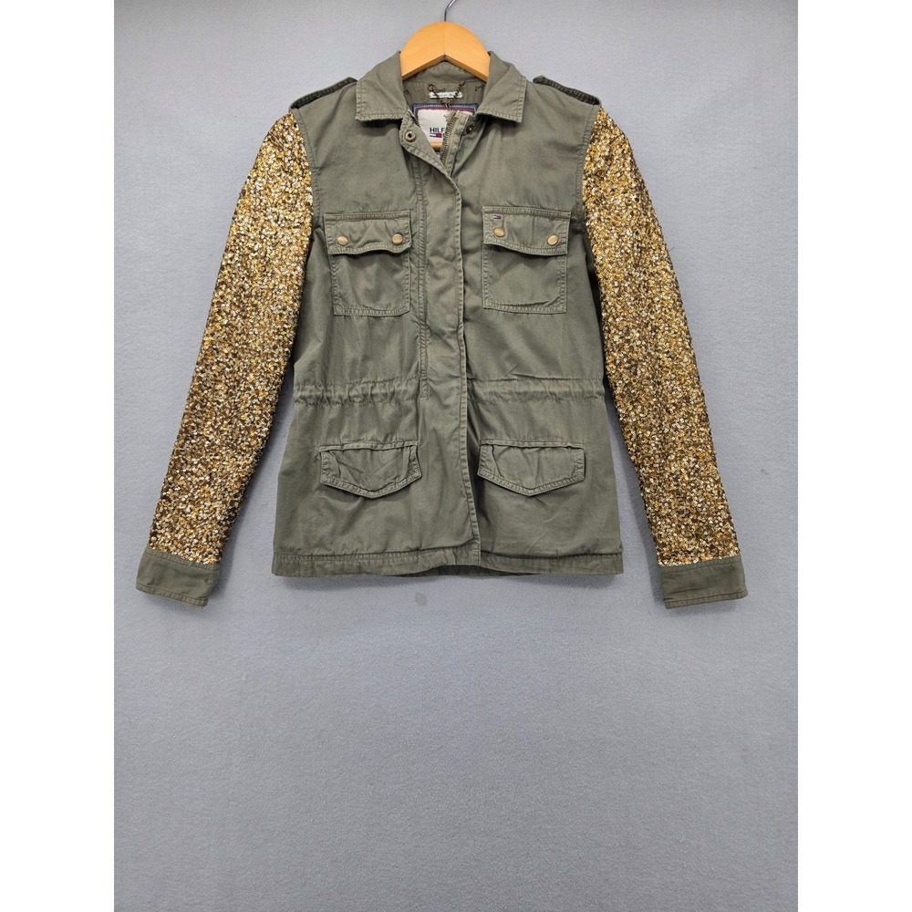 Tommy Hilfiger Denim Military Utility Jacket Gold Sequin Sleeves Olive Green XS